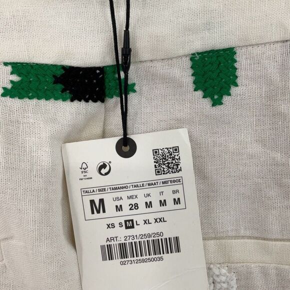 NWT Zara White Green Geometric Flat Front Embroidered Lined Trouser Pants Medium - Picture 3 of 11